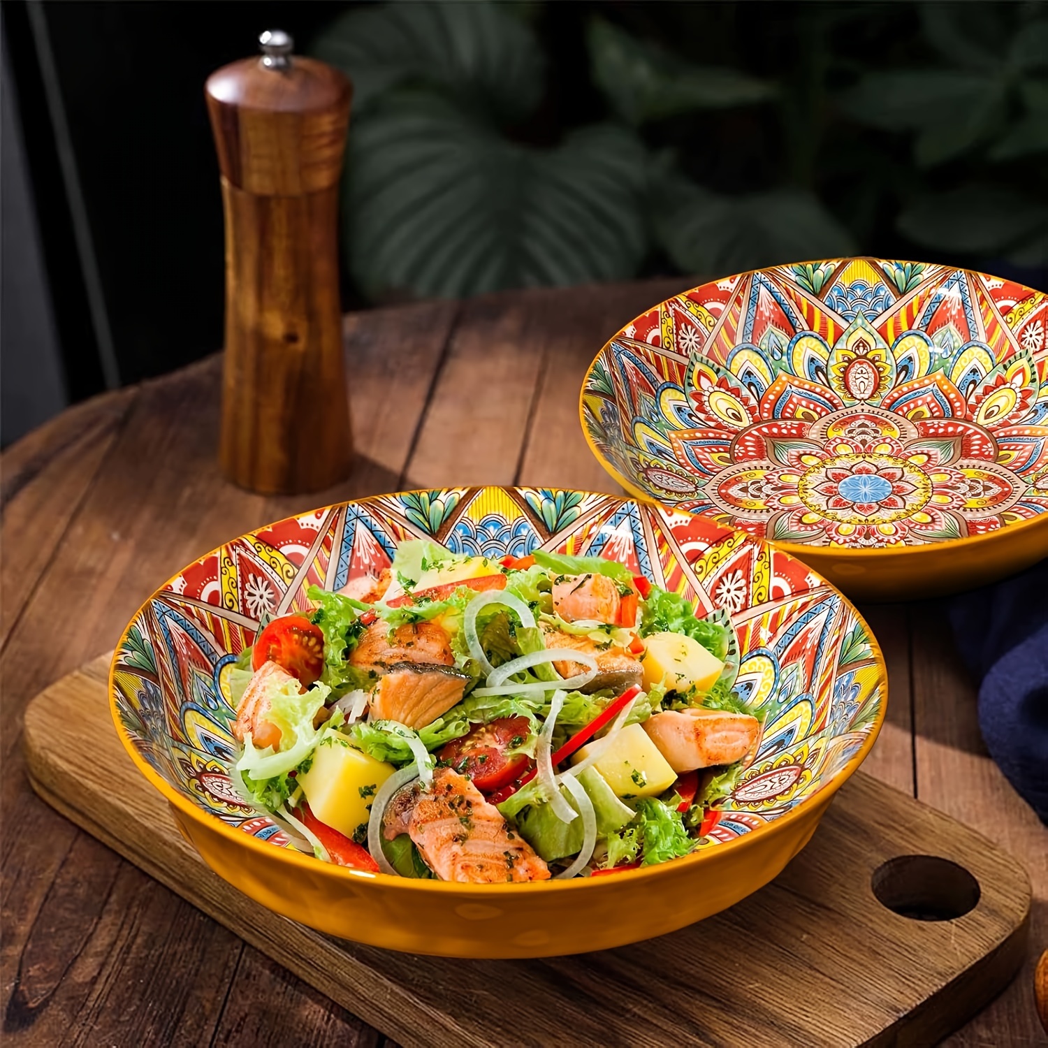 Boho Chic 2pcs Set 8 Inch Deep Ceramic Plates Floral Design for Salad Fruit Rice All Season Round Dinnerware ph225 H4