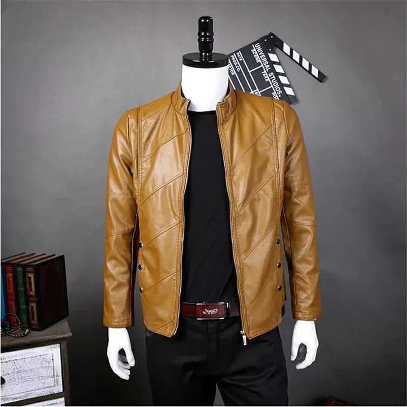 2024 Autumn New Mens Fashion Leather Jacket Men Collar Slim Biker Jacket Solid Color Coat High Quality Men PU Leather JacketsX240913