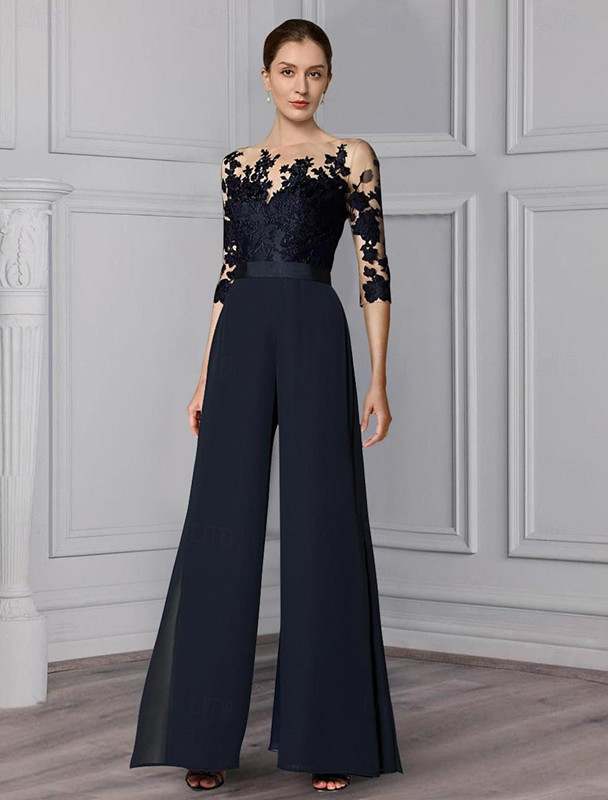 Elegant Jumpsuits Mother Of The Bride Dresses Sheer Long Sleeves Lace Applique Chiffon Evening Party Gowns Pantsuits Plus Size Guest Mother's Dre