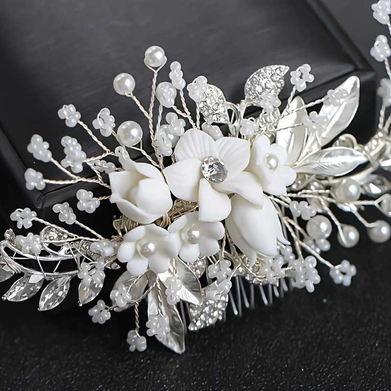 Bridal Rhinestone Ceramic Flower Side Comb Hair Clip Headpiece Wedding Hair Accessory Styling Hair Clip Headband Wedding PartyX240913