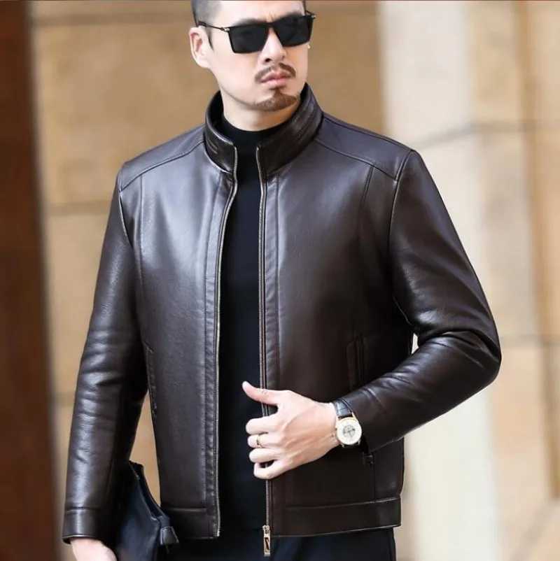 Men Leather Jacket Mens Stand-up Collar Business Casual Fur One-piece Mens Super Soft SE Plush Liner Warm JacketX240913