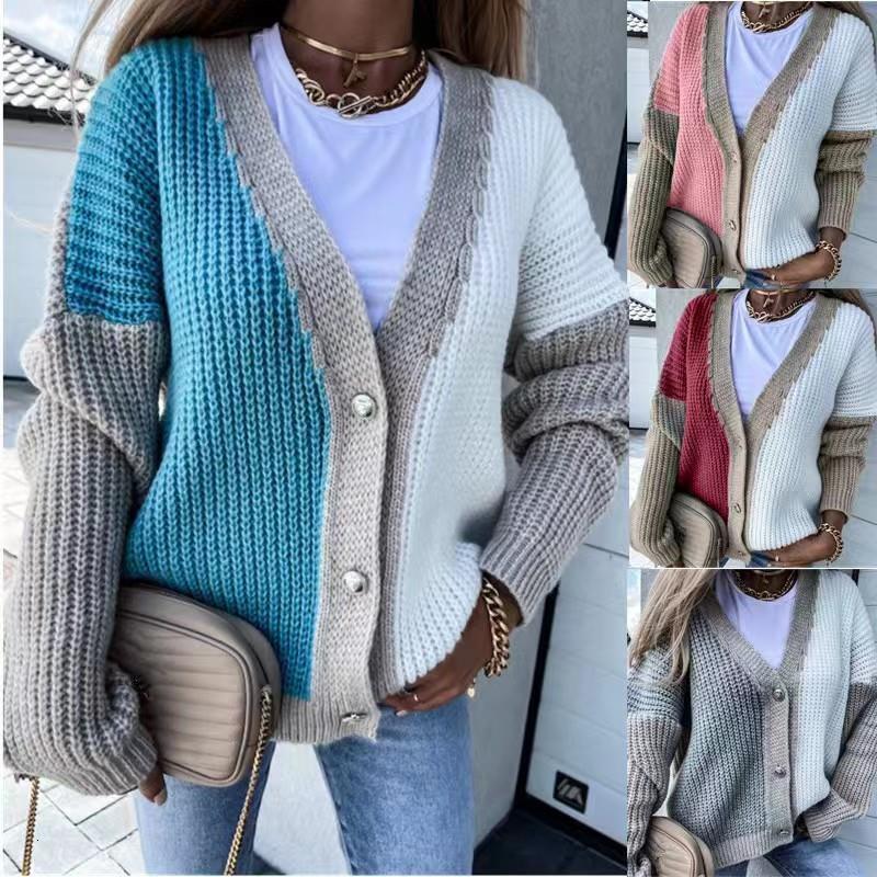 Women's clothing 2024 autumn and winter new collection spliced personalized fashion V-neck knitted sweater cardigan trend