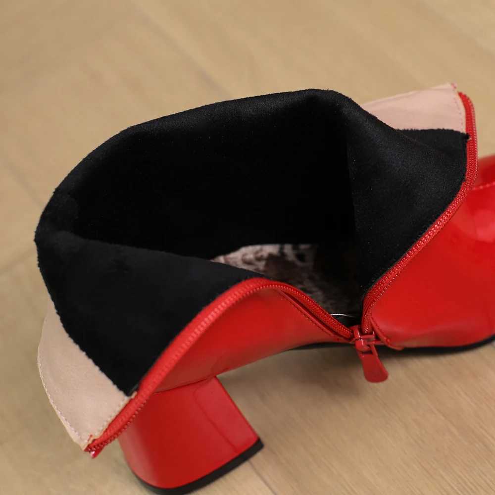 Shiny Smooth Patent Leather Ankle Boots Women High Block Heels Red Blue Green Yellow Dress Office Lady Winter Plush Short Boots M240912