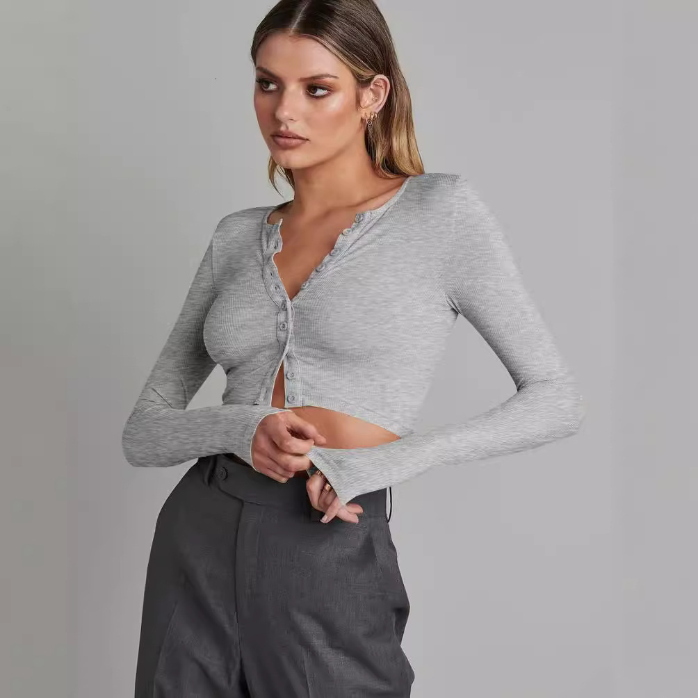 Button ribbed long sleeved knitted cardigan autumn fashion women's short exposed navel versatile bm top