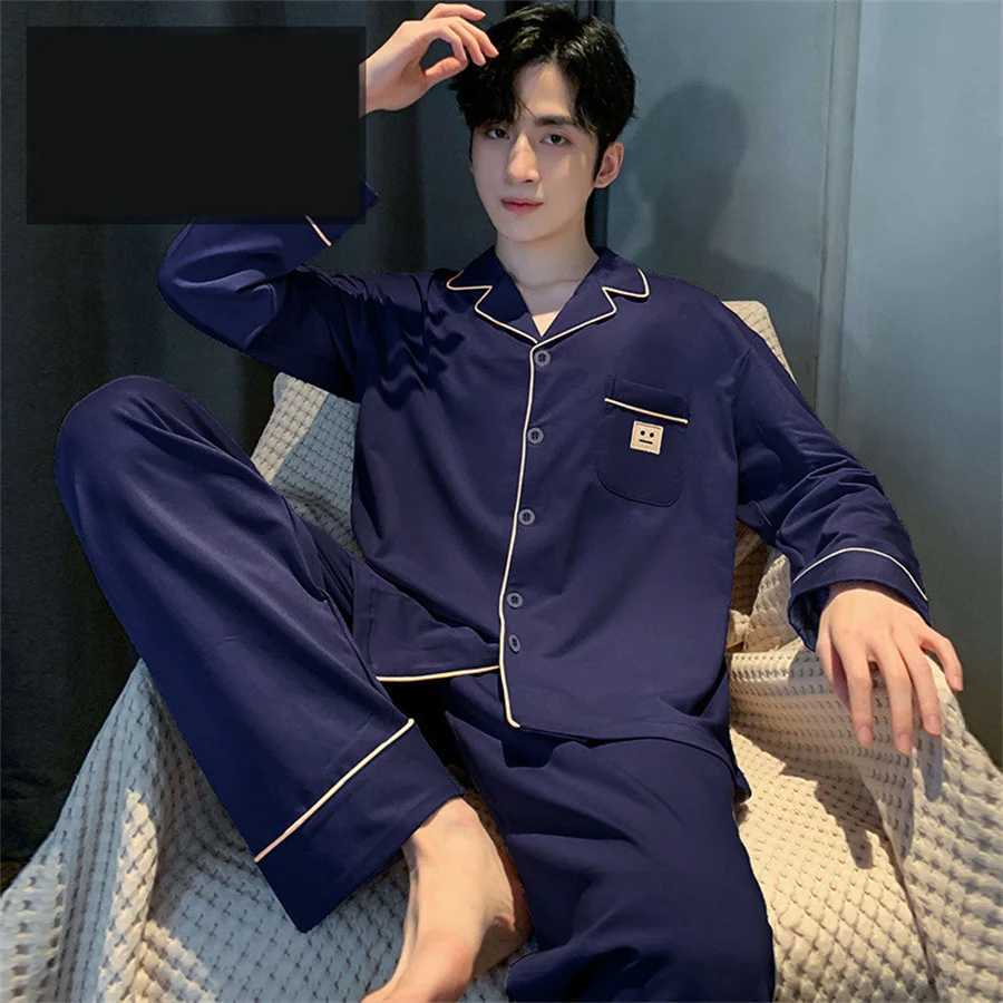 New 2024 Mens Cotton Pajamas Set Solid Color Long Sleeve Home Clothes for Man Four Season Casual Sleepwear 2 Pieces Loungewear Y240913