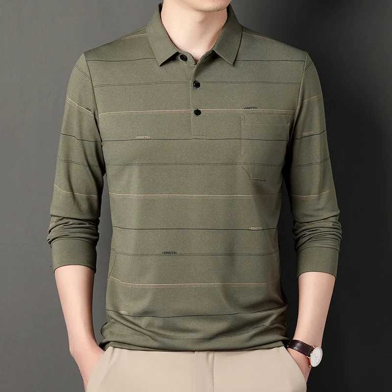 Mens high-quality Korean fashion striped polo shirt spring and autumn casual long sleeved T-shirt mens Pullover basic top W240913