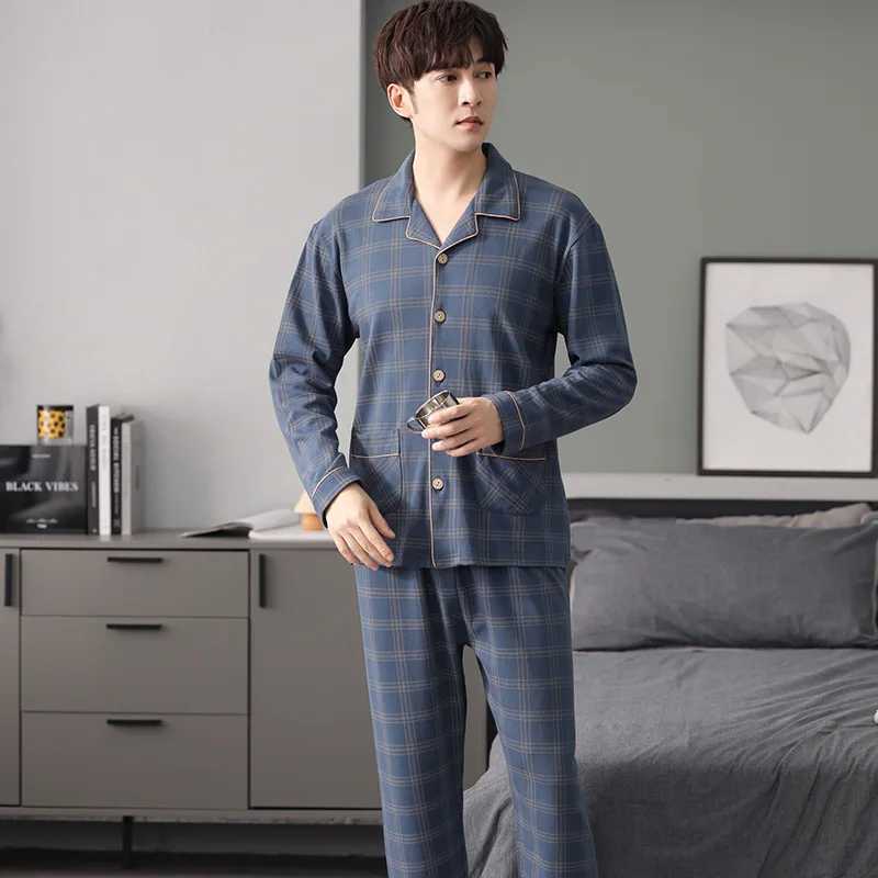 Man Pajamas Sets Spring Autumn Long Sleeve Soft Lapel Button Pajamas for Men Plaid Cardigan Homewear Male Casual Loose Sleepwear Y240913