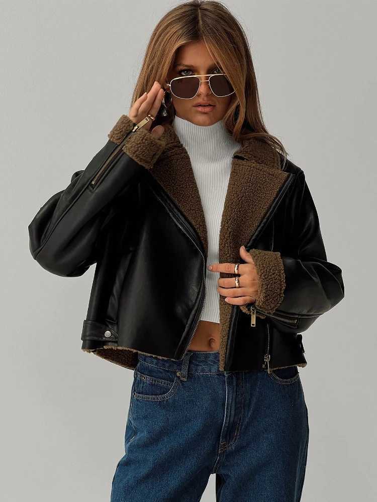 Women's Jackets ZBZA Women PU Leather Warm Locomotive Jacket Coat Lapel Long Slves Oblique Zip Pocket Thick Outerwear Winter New Female Coat Y240