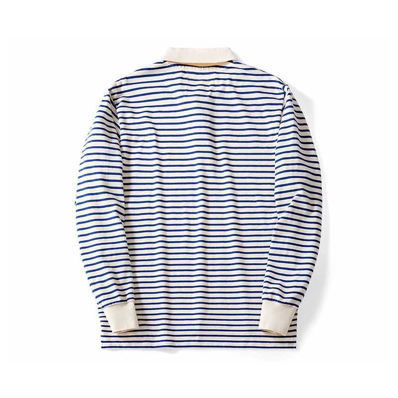 Autumn long sleeved polo shirt Japanese retro loose combed cotton striped shirt casual streetwear lapel top W240913