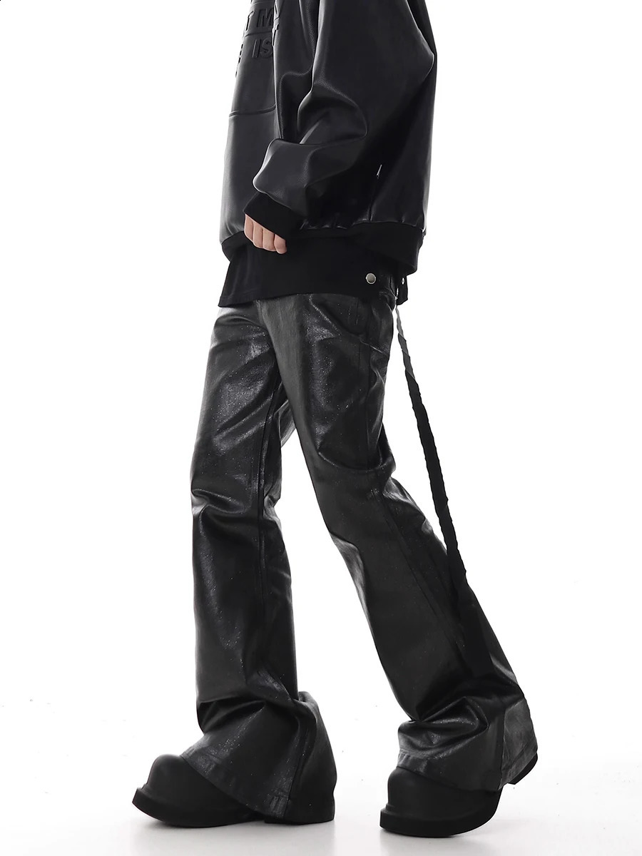 REDDACHIC Black Wax Coated Flare Jeans Men Stretchy Fitted Matte Textured Bootcut Pants Flowy Belt Vintage Y2k Hip Hop Trousers 240913