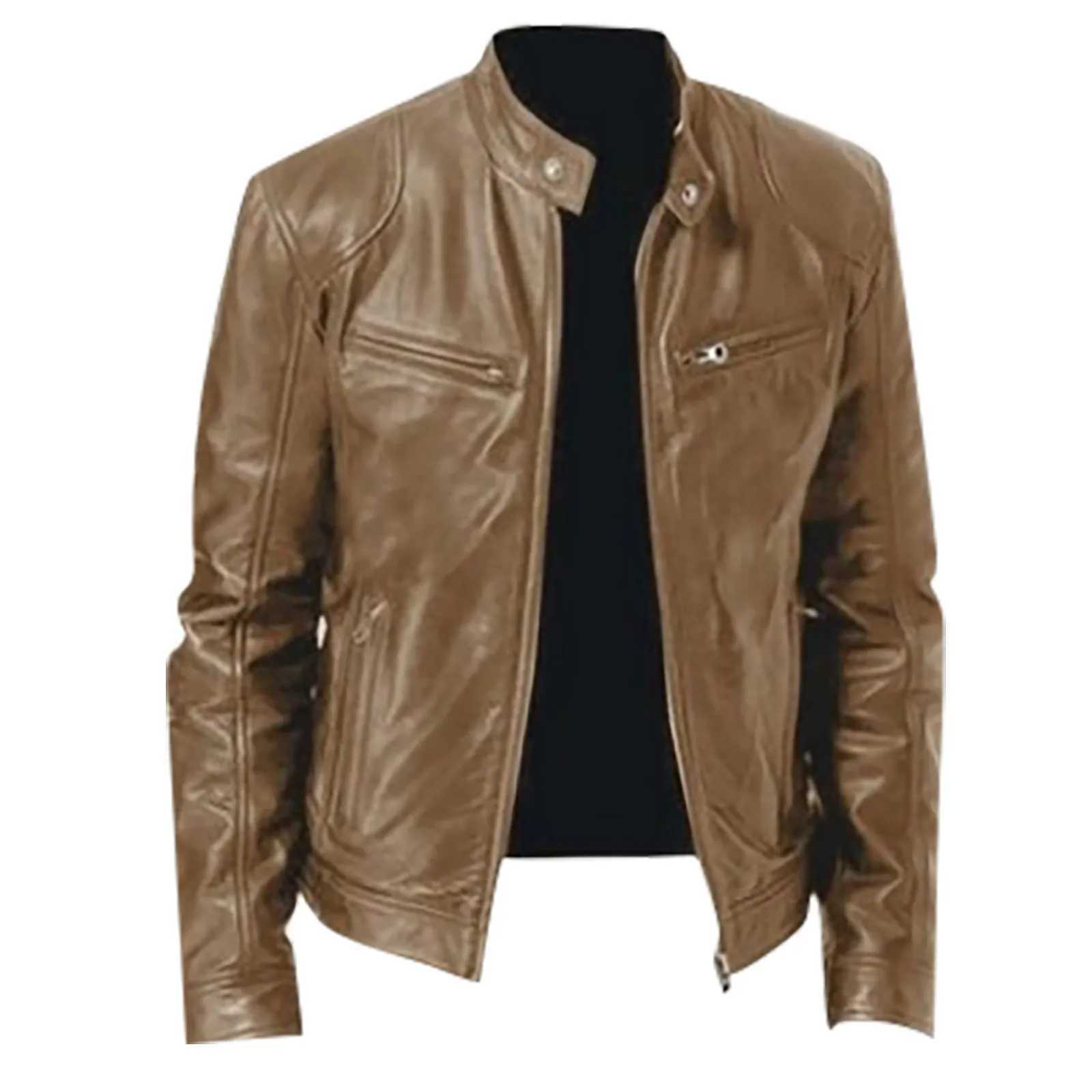 Men Leather Jacket Stand Collar Slim Pu Leather Jackets Spring Autumn Mens Motorcycle Causal Long-sleeved CoatX240913