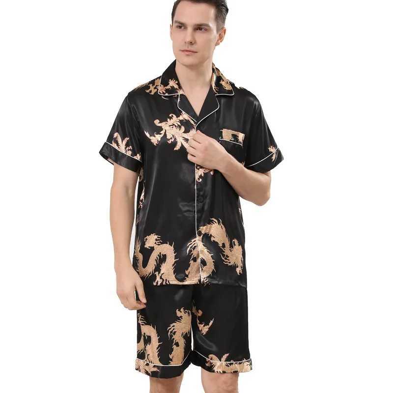 Summer Men Blue Dragon Print Pajama Sets Satin Turn-down Collar Sleepwear Short Sleeve Nightwear Homewear Loungewear Y240913