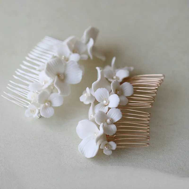 Handmade Ceramic Flower Bridal Hair Comb Gorgeous Pearl Wedding Hair Accessories Women HeadpiecesX240913