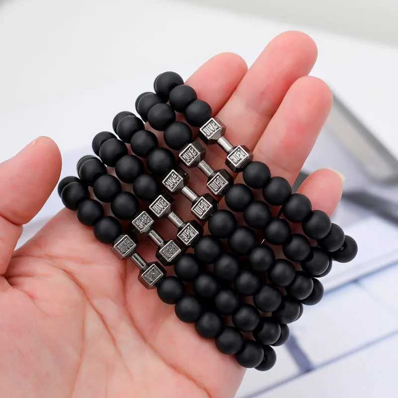 Natural Black Volcanic Molten Rock Dumbbell Bracelet Black Matte Bead Bracelet Mens Fitness Barbell Jewelry Pulseras W240913