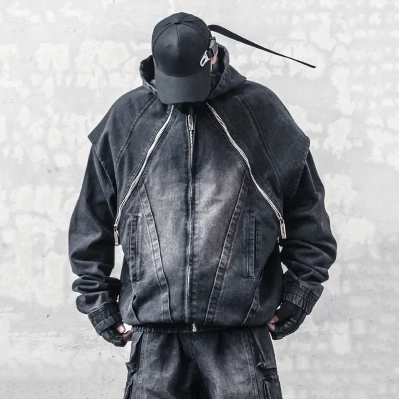 HKSH Mens Dark Structure n Heavy Weight Waste Land Denim Coat TwoPiece Safari Style Zipper Jacket Hooded HK2535 240905