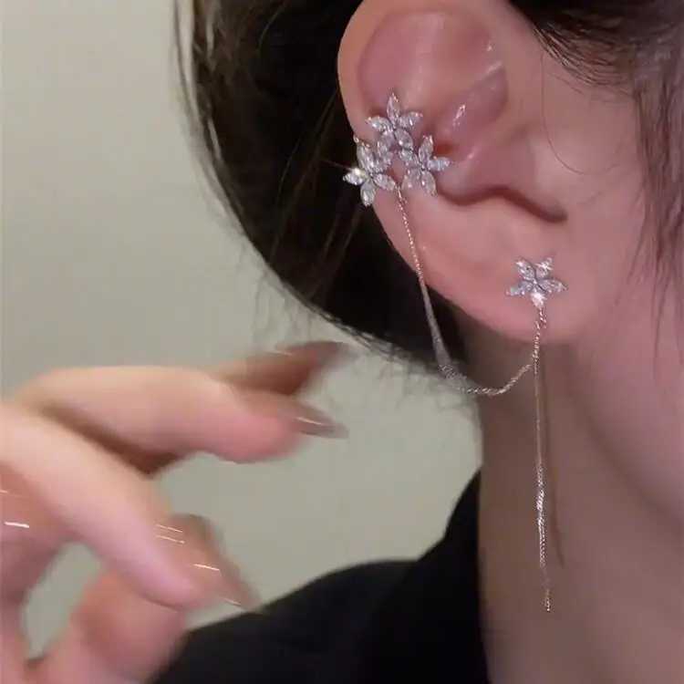 1pcs Retro Ear Bone Ear Clip Ear Thread Integrated Tassel Long Stud Temperament Flower 925 Silver Needle Clip Ear AccessoriesX240913