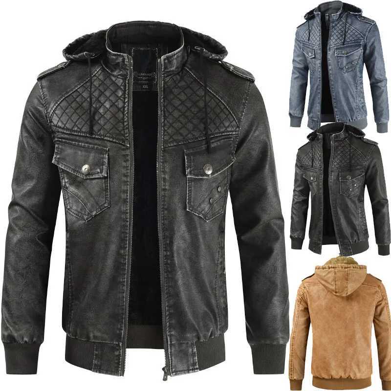 Mens Leather Jackets Winter Warm Hooded Coats Thick wool liner Windproof Biker Moto Outerwear Brand Clothing Dropshipping plusX240913