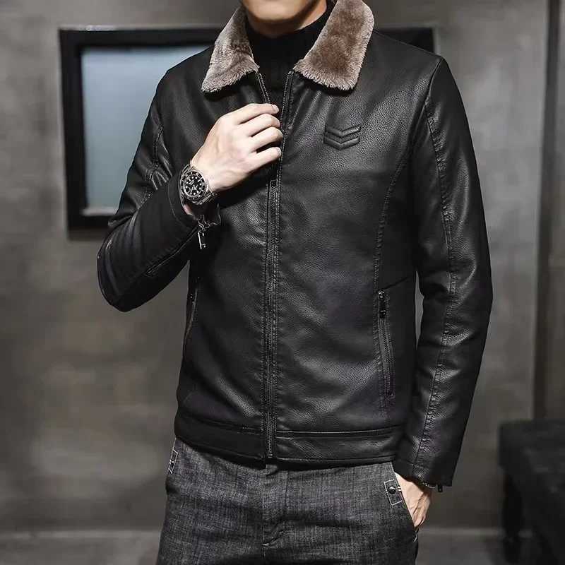 Mens Vintage Leather Jacket Winter Lined Lambskin Fur Collar Motorcycle Windproof Jacket Business Casual Warm PU Leather JacketX240913
