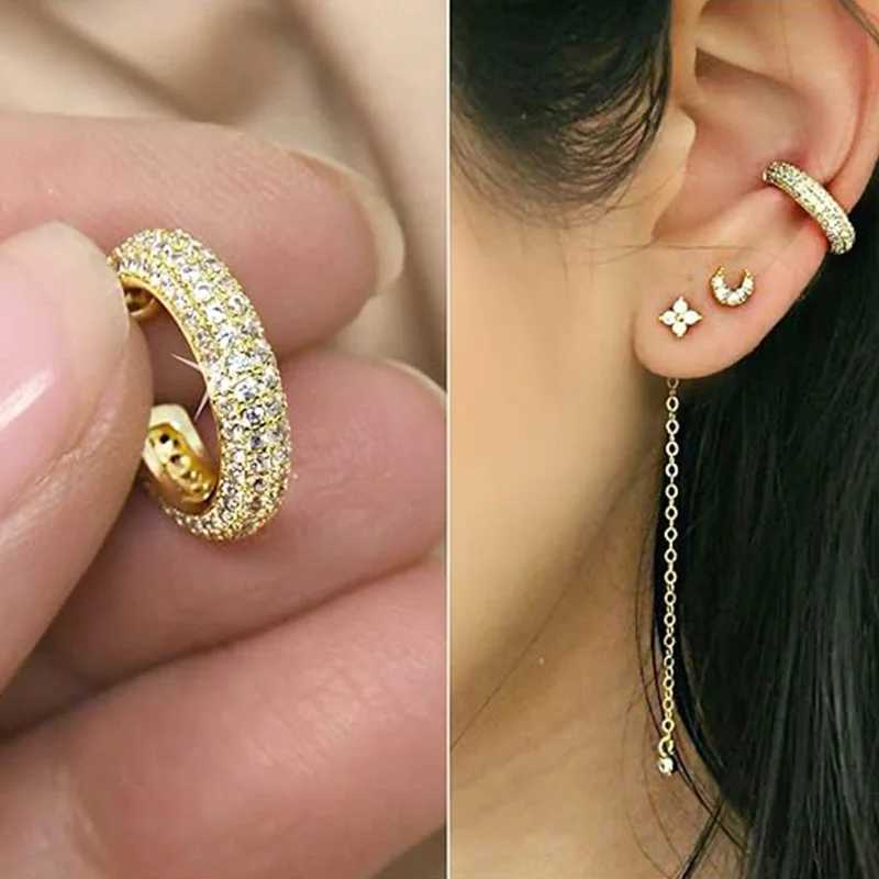 Cubic Zirconia Sparkling C Huggie Ear Cuff Earrings 2024 Trend for Women 14K Gold Plated Hoop Clip on Cartilage EarringX240913
