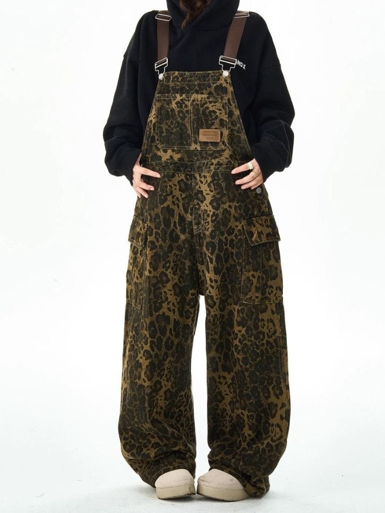 Leopard print suspender jeans ladies n high street hiphop fashion ins high-end sense of loose-fitting wide leg pants