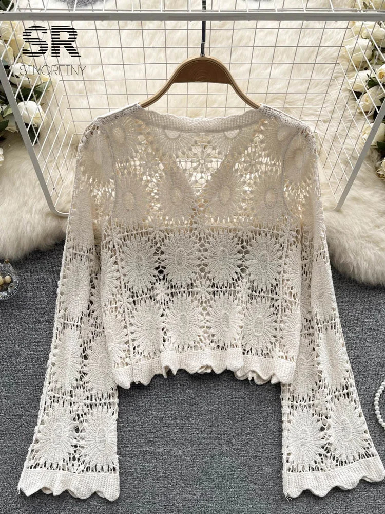 SINGREINY Summer Sunscreen Floral Cardigan V Neck Long Sleeves Loose Knitted Top Fashion Beach Vacation Casual Blouse 240910