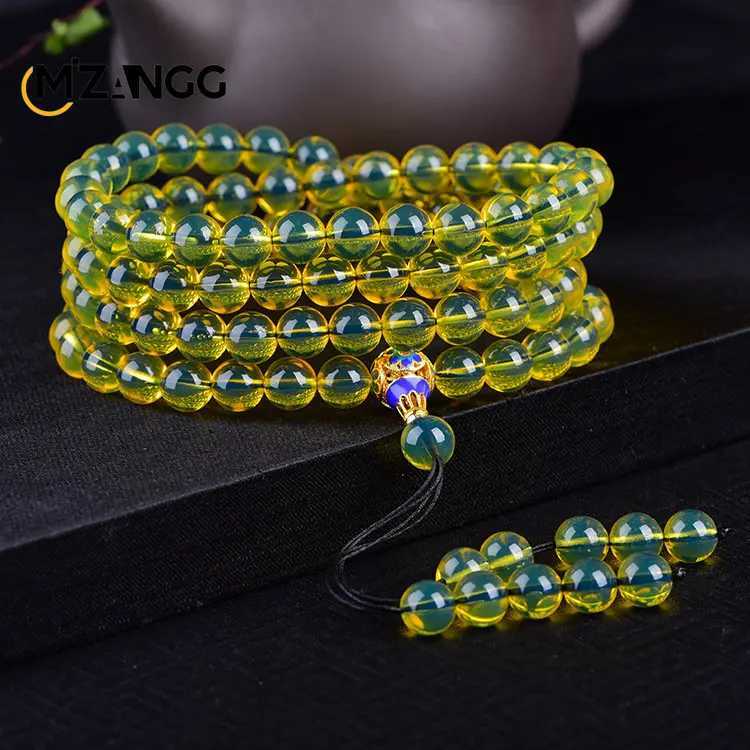 Natural pure water blue amber bracelet 108 Buddha beads beeswax amber round bead necklace luxurious mens and womens gift W240913