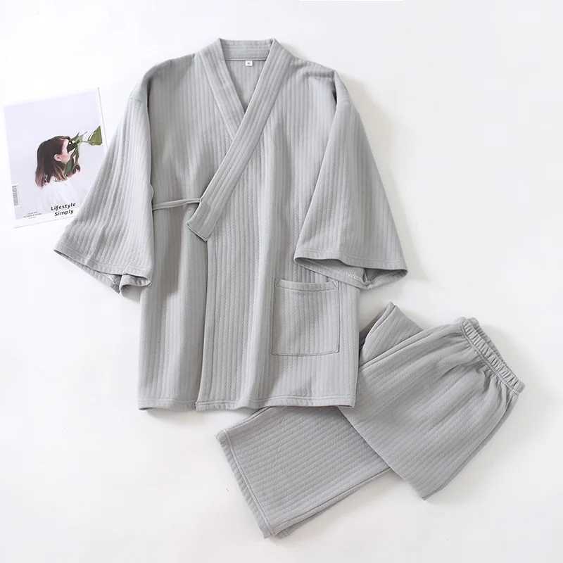 Autumn Winter Japanese Style MenS Kimono Pajamas 100% Cotton Air Layer Mixed With Cotton Oversize Sleepwear Two-Piece Nightie Y240913