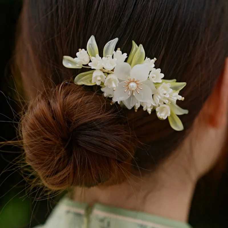 Floral Hair Comb Chinese Hanfu Hair Accessories For Women Green Flower Alloy Hairpin Hair Clips Vintage Girls Headwear JewelryX240913