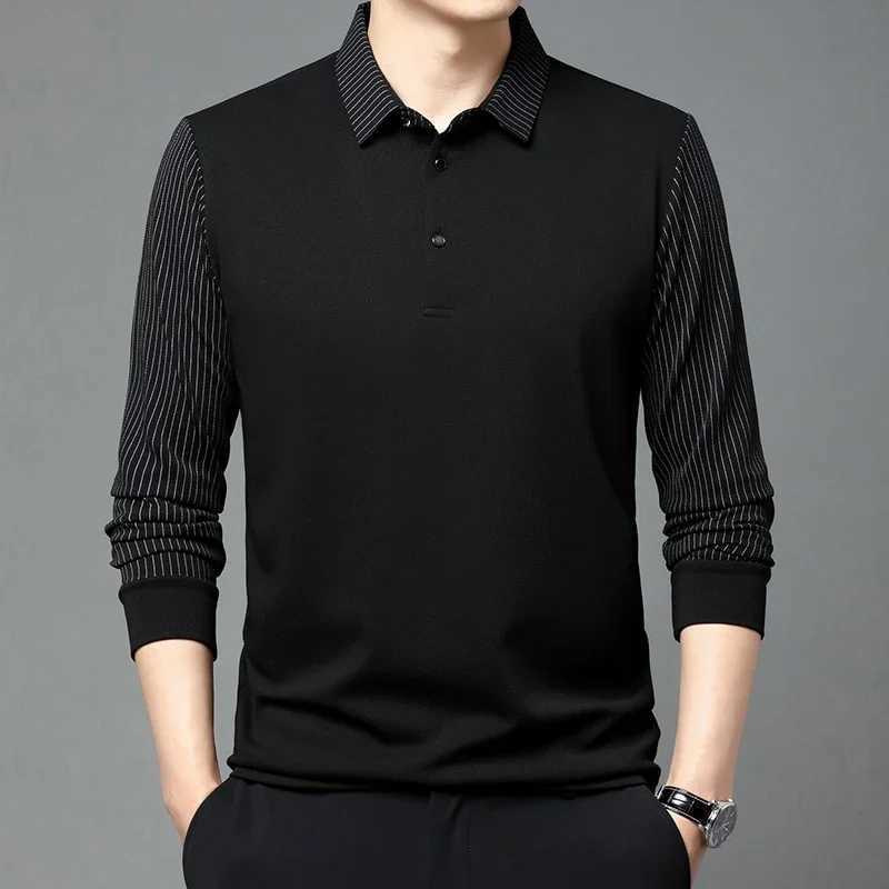 Mens casual solid color long sleeved polo shirt fashionable solid color lapel top W240913