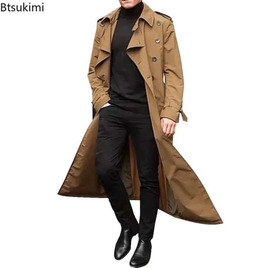 2024 Spring Autumn Mens Overcoat Vintage Long Trench Coat Men New Jacket Coats Men Business Casual Long Solid Windbreak Outwear Y240913