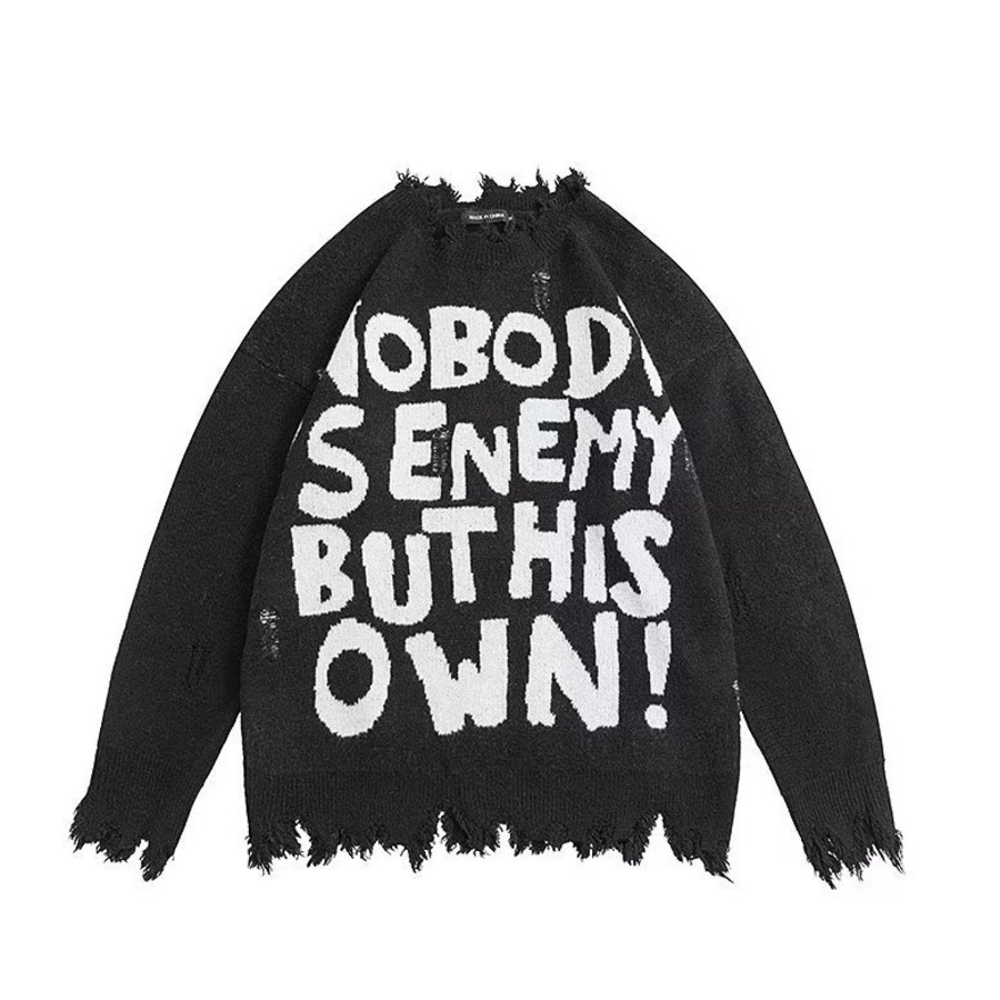 Halloween Men Sweaters Shabby style American distressed letter jacquard rough edge knitted sweater couples thread sweater men and women Mens crew neck