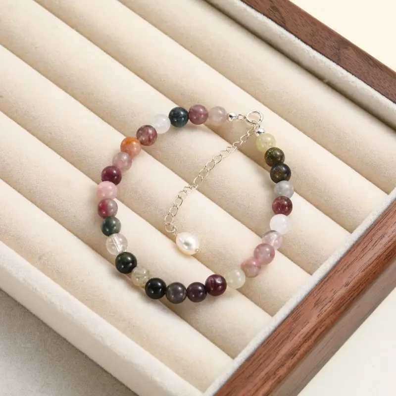 6-7mm natural tourmaline bracelet 925 sterling silver multi-color stone bead fashion elegant jewelry hot gift W240913