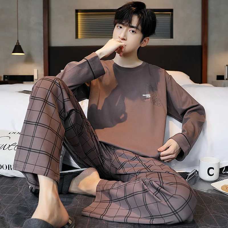 Mens Pajamas 2 Sets Of Homewear Mens Spring And Autumn Long-Sleeved Trousers Cotton Leisure Autumn And Winter Homewear Y240913