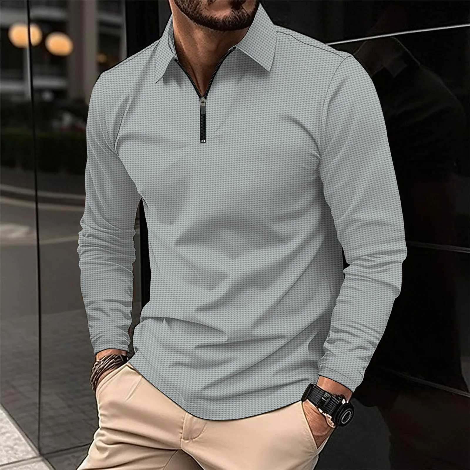 New Long Sleeve Solid Color Polo Shirt with Flip Collar Long Sleeve Waffle Zipper Fashionable 2023 Autumn Thin T-shirt Casual Loose Handsome Top W2409
