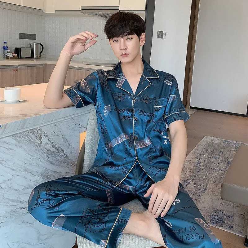 Large 5XL Men Underwear 2Piece Set Spring Pyjamas Short Sleeve Trousers Suit Casual Home Wear Silk Boy Pajama Leisure Sleepwear Y240913