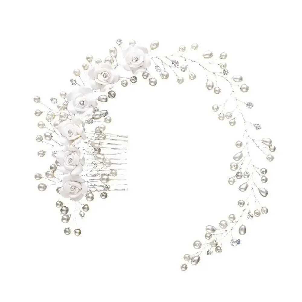 Bridal Wedding Crystal Bride Hair Accessories Pearl Flower Headband Handmade Hairband Beads Decoration Hair Comb For WomenX240913