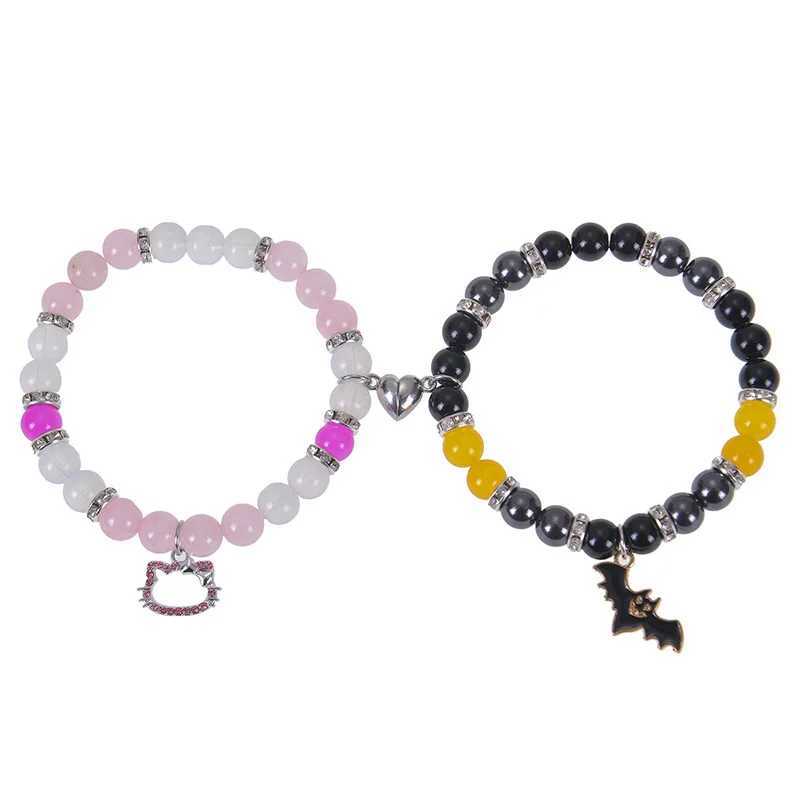 2PCS Halloween Spider Cat Bat Couple Bracelet Mens Heart Magnetic Matching Bracelet Stone Crystal Bead Bracelet Jewelry W240913
