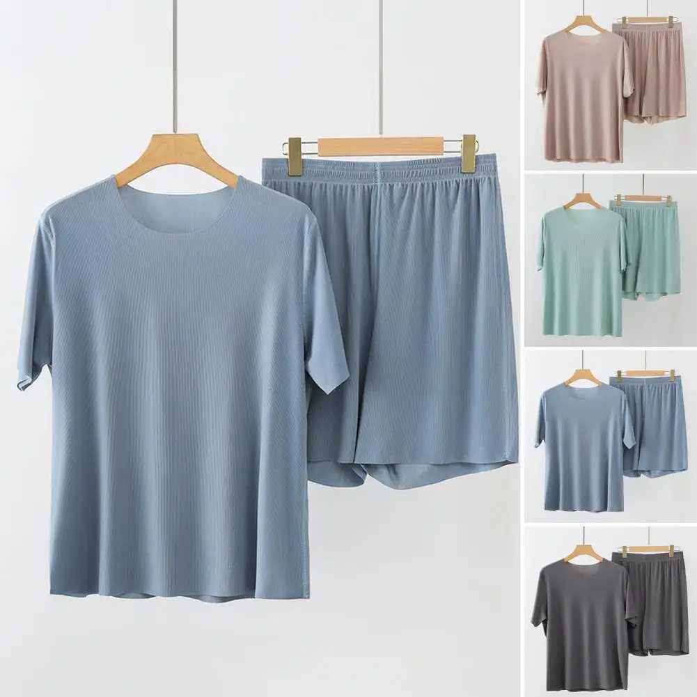 Men Homewear Set Mens Pajama Set O-Neck Short Sleeve Tops Elastic Waist Wide Leg Shorts Set Solid Color Ice Silk Male Homewear Y240913