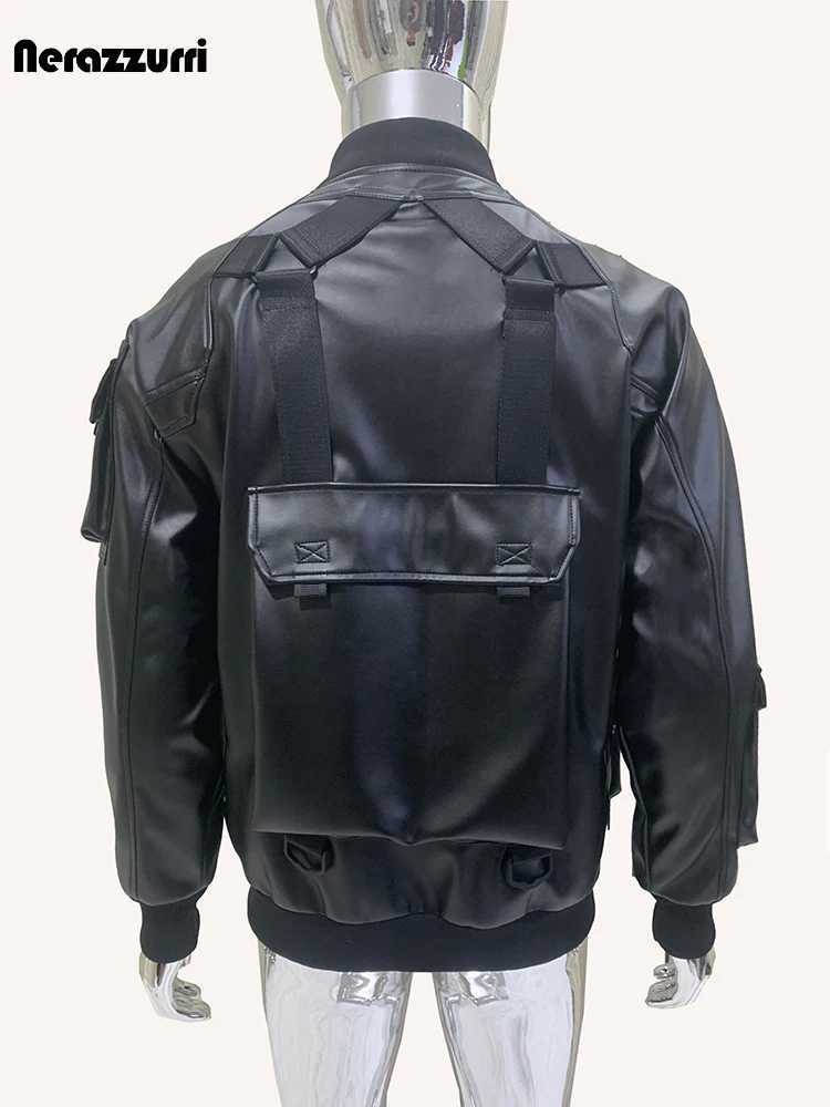 Nerazzurri Autumn Cool Handsome Waterproof Black Pu Leather Cargo Bommer Techwear Jacket Men with Many Pockets European ClothesX240913