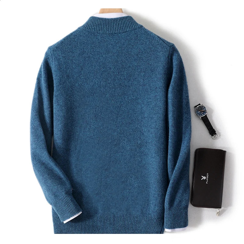 100% cashmere sweater Mens zipper half turtleneck long-sleeved business casual sweater 240912