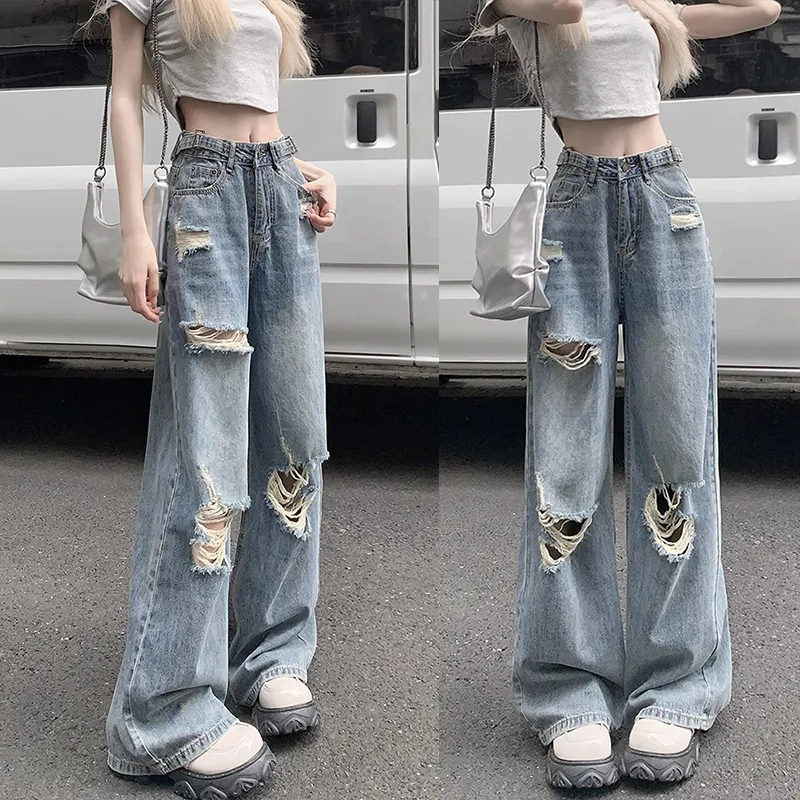Jeans Y2K Korean Retro American ripped jeans women floor mopping high waist straight loose wide leg pants