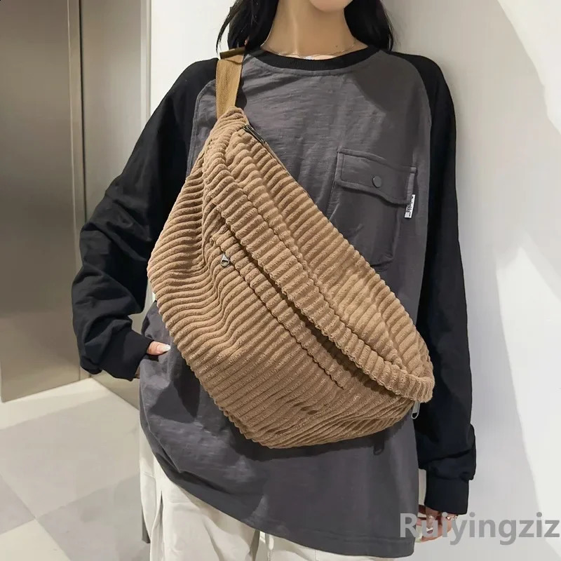 Large Capacity Waist Bag Women Shoulder Crossbody Bags Casual Fanny Pack Simple Phone Purse Corduroy Waist Bag Ladies Banana Bag 240909