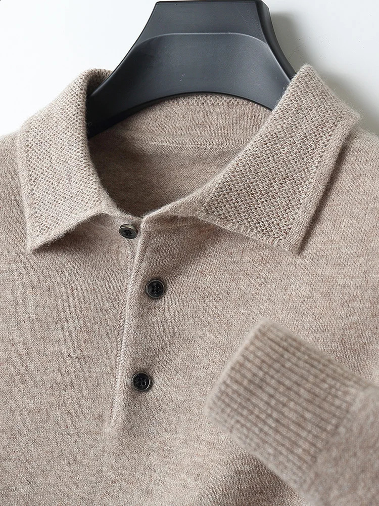 Fashion Autumn Winter Cashmere Sweater Mens 100% Merino Wool Pullover Casual Loose POLO Knitted Bottom Shirt Jacket Shirt 240912