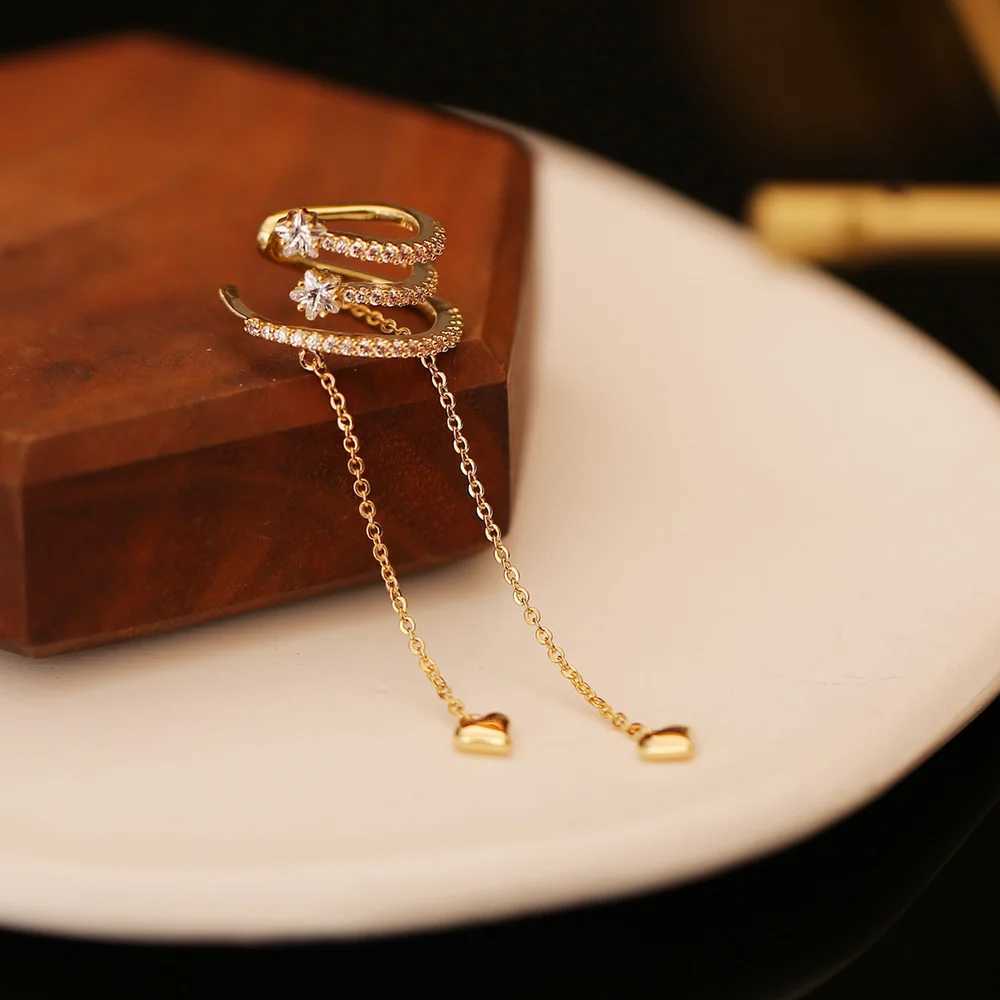 1pc Y2k Double Layer Heart Chain Non Pierced Clip on Earrings Gold Color Ear Accessories Earcuff Fashion Jewelry Gifts KDE127X240913