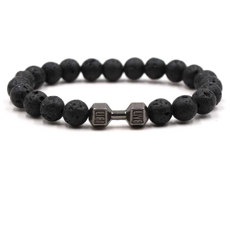 Natural Black Volcanic Molten Rock Dumbbell Bracelet Black Matte Bead Bracelet Mens Fitness Barbell Jewelry Pulseras W240913