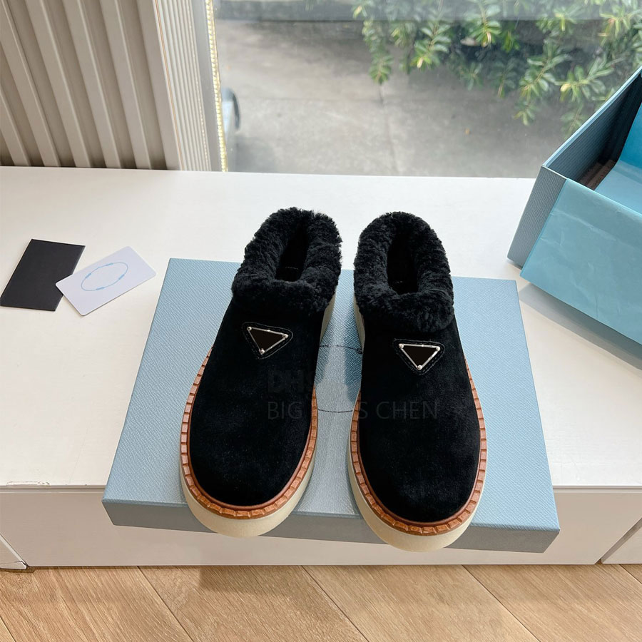 Top Quality Fashion Suede Platform Fur Fluffy Furry Slip On Warm Wool Snow Shearg Loafers Designer Winter Shoes With Box Factory