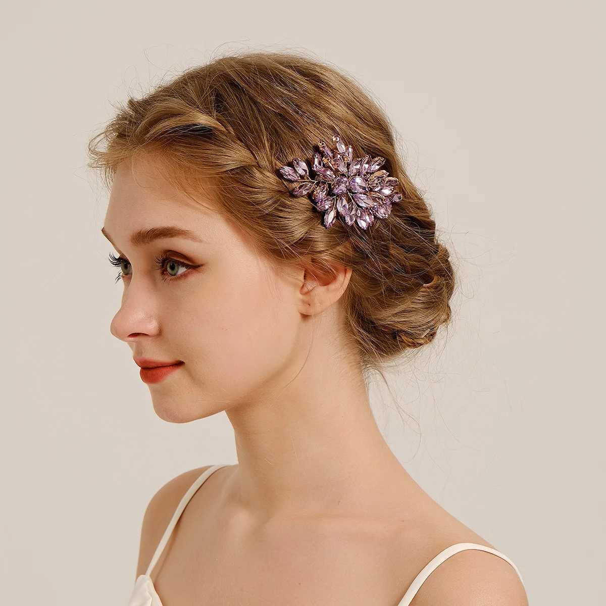 Purple Crystal Hair Comb Handmade Rhinestones Hairpins Fashion Metal Headpiece Bridal Tiaras Elegant Hair Accessory For WomenX240913