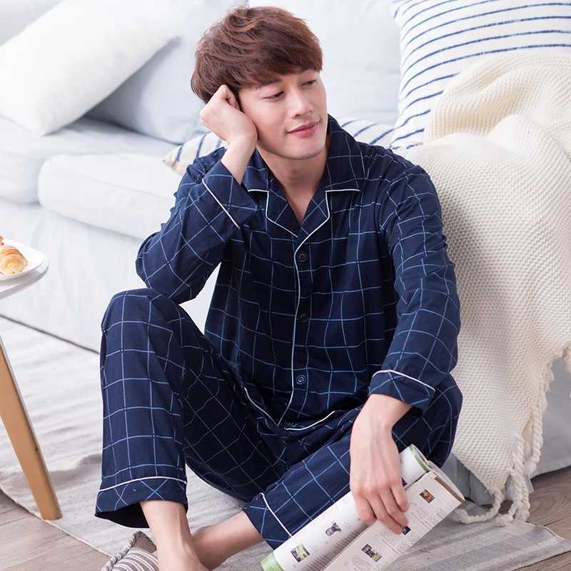 Spring And Summer Cotton Mens Pajamas Long-Sleeved Trousers Boys Pajamas Suit Teenagers Casual Homewear Suit Y240913
