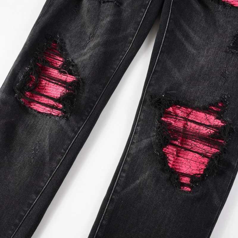 Men Cracked Leather Patch Biker Jeans Streetwear Pleated Patchwork Holes Ripped Stretch Denim Pants Skinny Tapered Trousers M240912