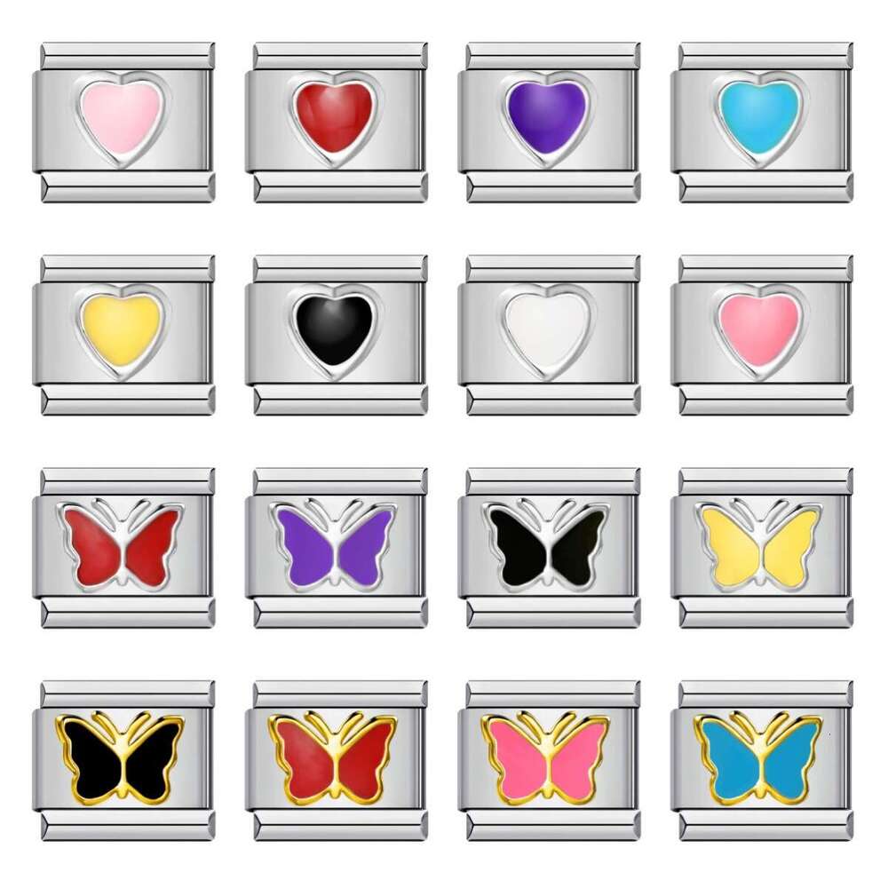 Titanium Steel Love Butterfly Stamping Pattern Color enamel DIY Module Bracelet Italian Charm Links Stainless Steel Fit 9Mm Bracelet Jewelry DIY Makin